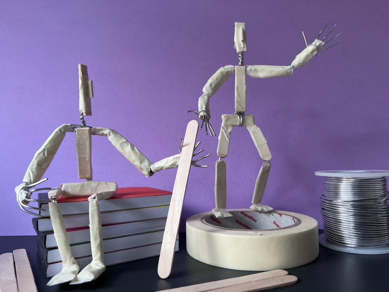 The bones of the animation creature made with wire lollipop sticks and masking tape