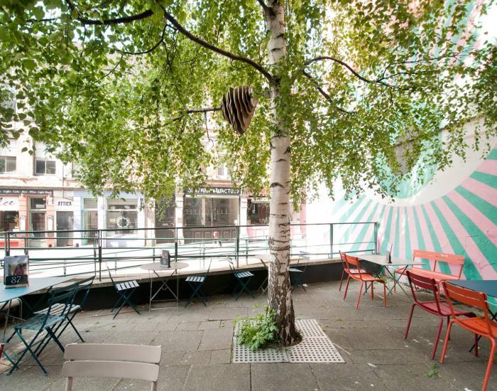‘Ripple’, a site-specific sculpture by Katharina Fitz, inspired by a wild bee's nest and installed in the tree on Broadway's outdoor terrace.