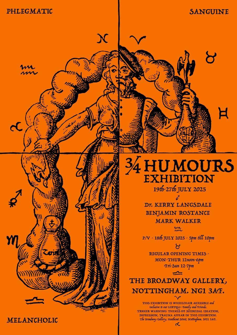 3/4 Humours exhibition poster, an orange background with a human in the centre surrounded by innards and split into four sections representing the 4 humours with the fourth missing