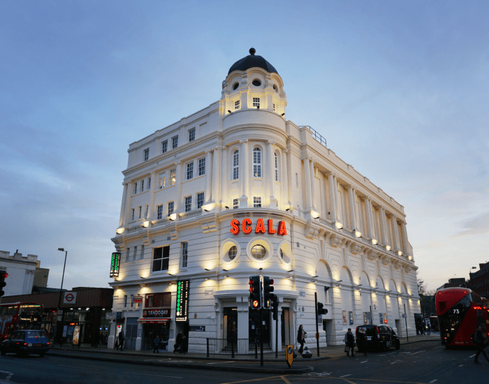An external photo of the Scala cinema at early evening
