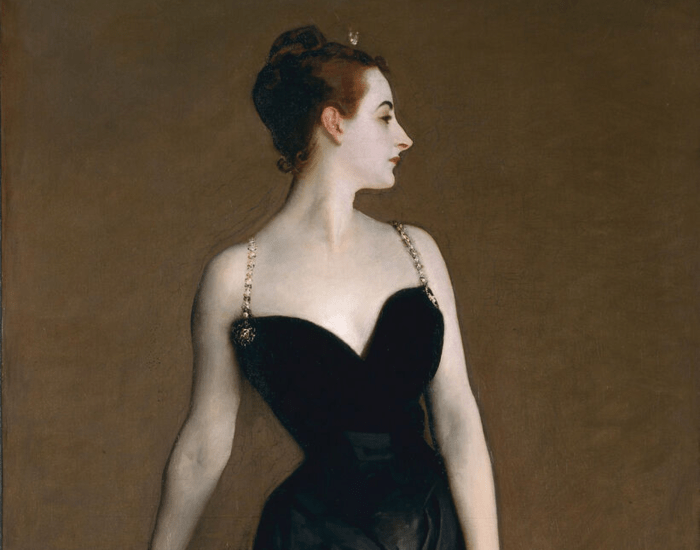 A cropped image of a John Singer Sargent painting of a young woman in profile wearing a black evening gown