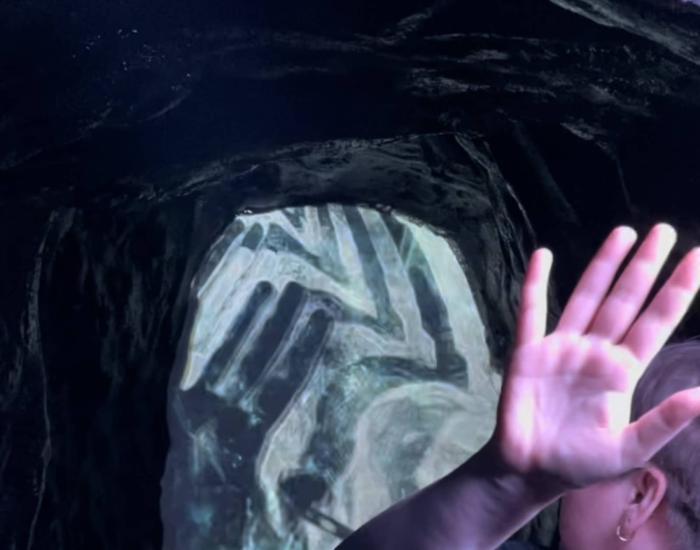 A photo taken at Wake the Tiger, Bristol, of a hand illuminated by a light and its shadow cast on a wall