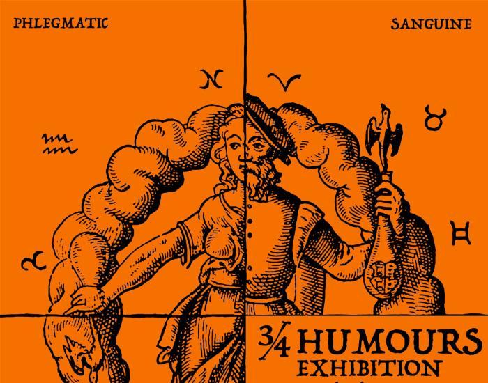 On a bright orange background an image of a human within a circle of innards representing the 4 humours