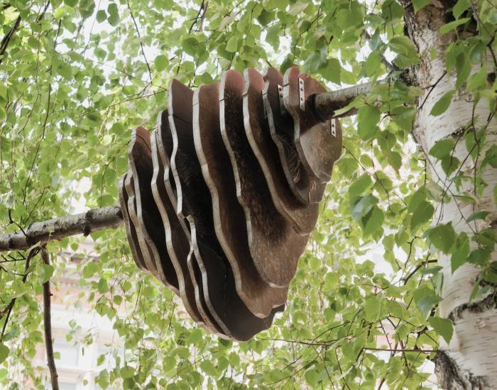 ‘Ripple’, a site-specific sculpture by Katharina Fitz, inspired by a wild bee's nest and installed in the tree on Broadway's outdoor terrace.